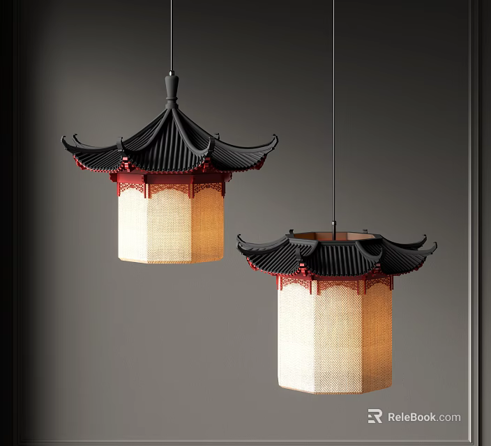 Traditional Chinese Chandeliers With Black Roof Top Red Accents Beige Fabric Shade Indoor Design 3d model 