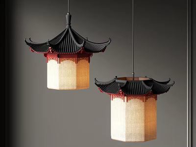Traditional Chinese Chandeliers With Black Roof Top Red Accents Beige Fabric Shade Indoor Design 3d model