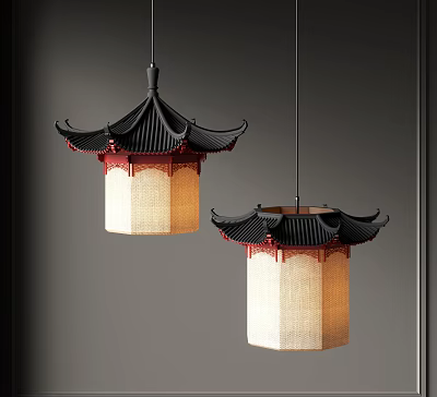 Traditional Chinese Chandeliers With Black Roof Top Red Accents Beige Fabric Shade Indoor Design 3d model