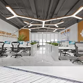 Modern Minimalist Public Office Space With Open Plan Workstations Computer Screens And Geometric Lights 3d model