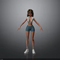 3D Model Woman In White Tank Top Blue Shorts And White Sneakers With Arms Outstretched