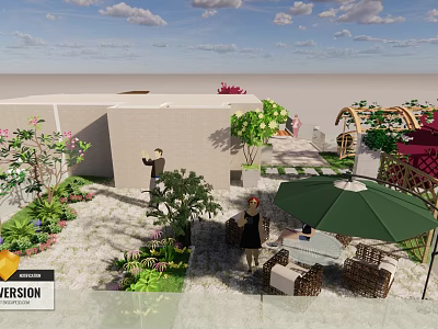 Lush Rooftop Garden With Green Plants Vibrant Flowers And Outdoor Seating 3d model