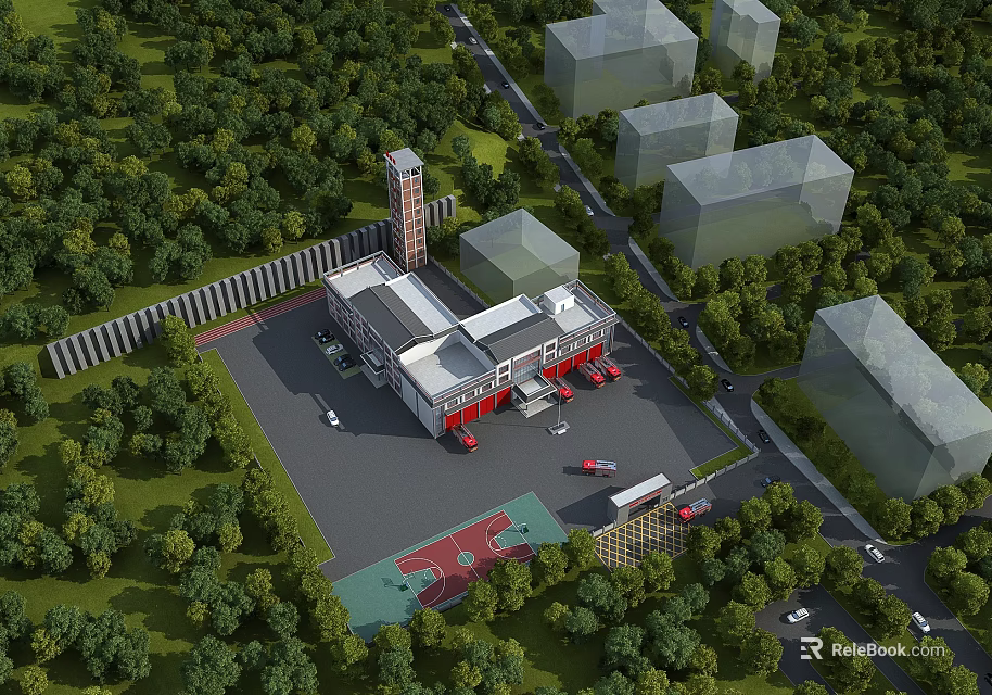 Aerial Planning Layout of Fire Station Complex With Tower Greenery Roads and Playground 3d model 
