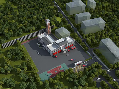 Aerial Planning Layout of Fire Station Complex With Tower Greenery Roads and Playground 3d model