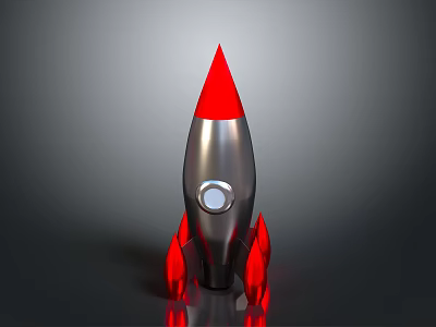 Space Rocket With Silver Body Red Tip Fins And Circular Window Design 3d model