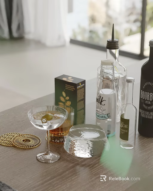 Decorative Ornament Set With Cocktail Glass Olive Garnish Bourbon Bottle Gold Coasters And Small Box 3d model 