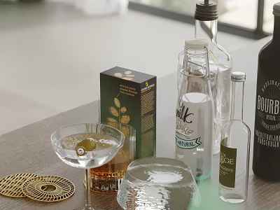 Decorative Ornament Set With Cocktail Glass Olive Garnish Bourbon Bottle Gold Coasters And Small Box 3d model