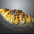Golden Croissant With Dark Fruit Toppings Shiny Crust And Flaky Texture On Black Reflective Surface