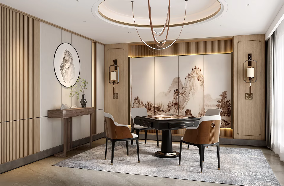 Elegant Oriental Style Hotel Mahjong Room Interior With Round Table Chandelier And Landscape Painting 3d model 