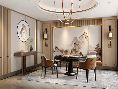 Elegant Oriental Style Hotel Mahjong Room Interior With Round Table Chandelier And Landscape Painting 3d model
