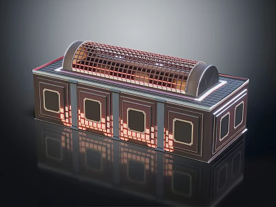 Cartoon Scene Featuring Stylish Building With Arched Grid Top And Square Windows With Glowing Lights 3d model