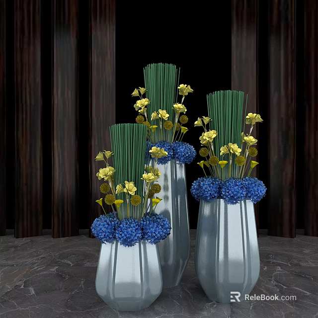 Silver Tall Vases With Yellow Flowers Blue Hydrangeas Green Stems Against Dark Wooden Walls 3d model 