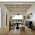 Elegant Classic Restaurant Interior With Dining Table Chairs Pendant Lights Ceiling Details And Herringbone Flooring