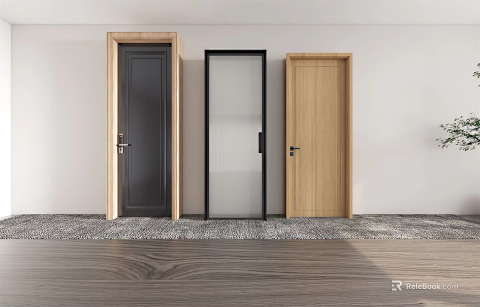 Modern Hinged Swing Doors With Dark Light Wooden Frames And Glass Panel Design 3d model