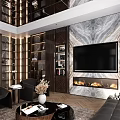 Modern Living And Dining Room Interior With Sofa Chairs Coffee Table Chandelier And Wine Racks