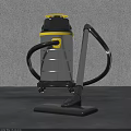 Silver Cylindrical Vacuum Cleaner With Black Hose Yellow Accents And Floor Nozzle