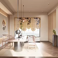 Wooden Tea Room Interior With Round Landscape Painting Pendant Lights And Chairs