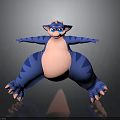 Blue Striped Cartoon Creature With Pink Belly In Playful Stretching Pose