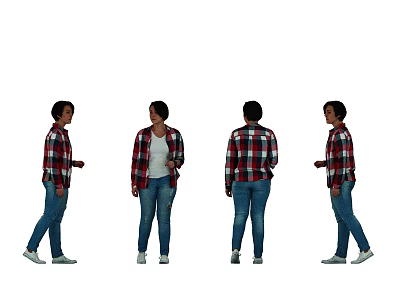 Woman in Red Black Plaid Shirt White T-shirt Blue Jeans White Shoes from Four Angles 3d model