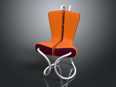 Modern Unique Single Chair With Orange Seat Maroon Backrest And Curved Metal Legs 3d model