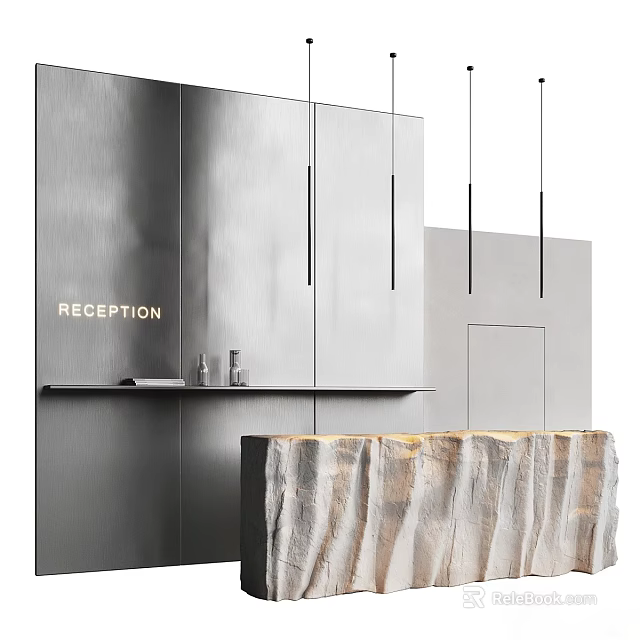 Modern Reception Desk With Stone Countertop And Hanging Lights On Gray Wall 3d model 
