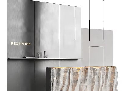 Modern Reception Desk With Stone Countertop And Hanging Lights On Gray Wall 3d model