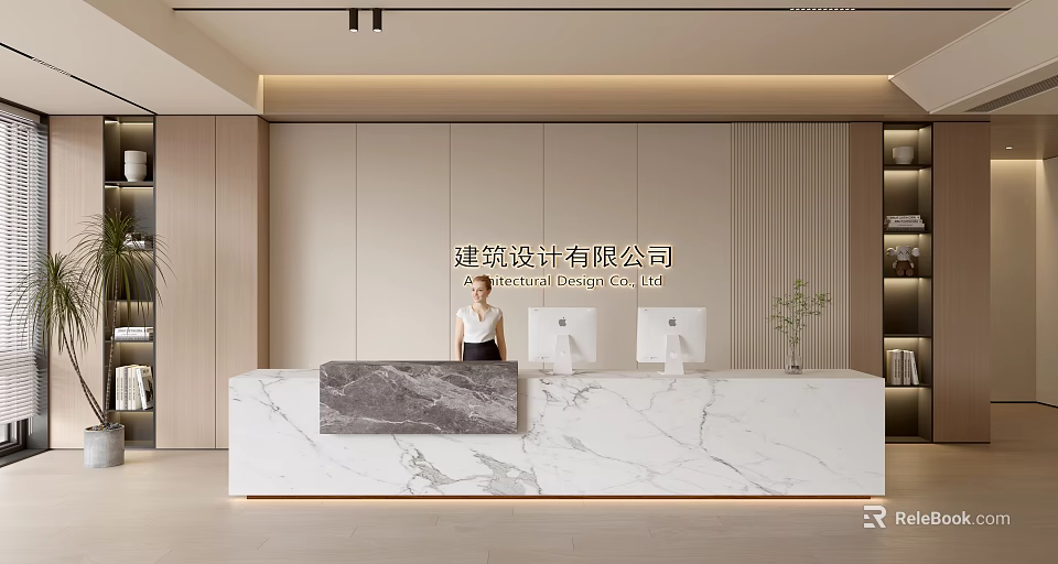 Modern Reception Desk Interior Design With Marble Countertop Light Background Wall And Computer Monitors 3d model 