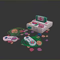 Pink Themed Retro Game Console With Controllers And Rose Decorations