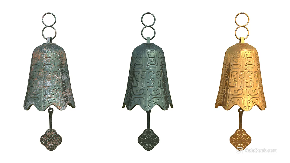 Three Multicolored Bell Pendants With Intricate Patterns Top Rings And Decorative Bottoms 3d model 
