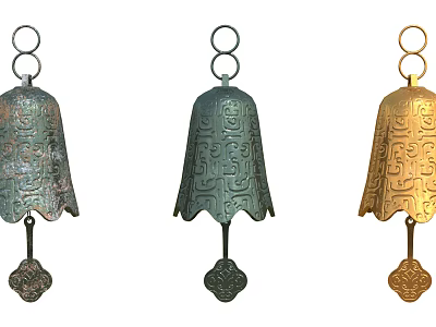 Three Multicolored Bell Pendants With Intricate Patterns Top Rings And Decorative Bottoms 3d model