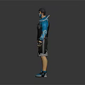 Masked 3D Character With Blue Jacket Black Patterned Shorts Wrist Guards And Blue Shoes