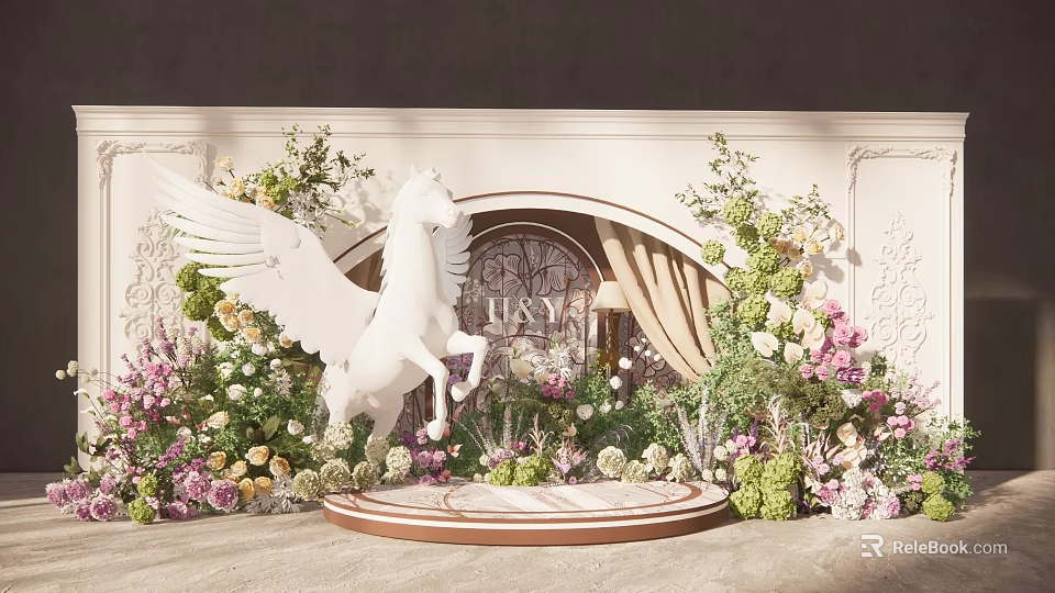 Enchanting Wedding Scene With White Winged Unicorn And Floral Decorations Arch Backdrop 3d model 