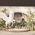 Enchanting Wedding Scene With White Winged Unicorn And Floral Decorations Arch Backdrop