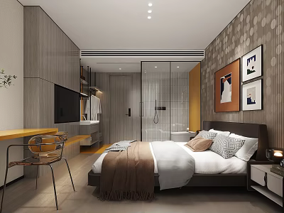 Modern Hotel Room Interior With Comfortable Bed Decorative Paintings And Wooden Accents 3d model