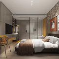 Modern Hotel Room Interior With Comfortable Bed Decorative Paintings And Wooden Accents