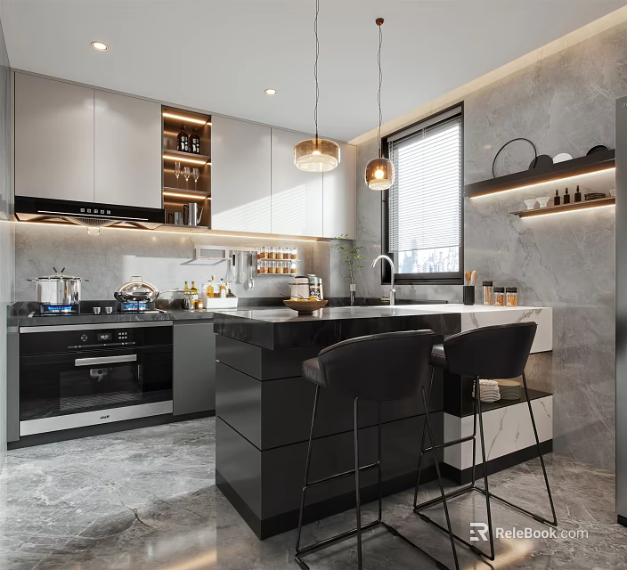 Modern Kitchen Interior Design With Island Counter Cabinets Pendant Lights And Appliances 3d model 