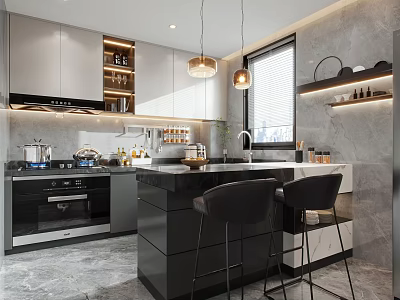 Modern Kitchen Interior Design With Island Counter Cabinets Pendant Lights And Appliances 3d model