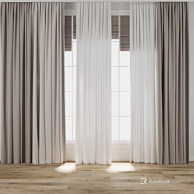 Elegant White and Gray Layered Curtains With Natural Light Through Window 3d model 