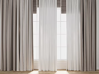 Elegant White and Gray Layered Curtains With Natural Light Through Window 3d model