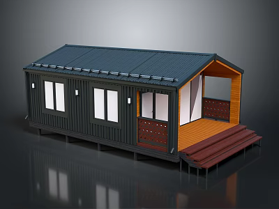 Modern Small House With Dark Roof Dark Walls Multiple Windows Wooden Porch And Red Steps 3d model