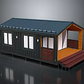 Modern Small House With Dark Roof Dark Walls Multiple Windows Wooden Porch And Red Steps