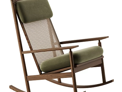 Comfortable Wooden Frame Leisure Rocking Chair with Green Cushion and Mesh Backrest 3d model