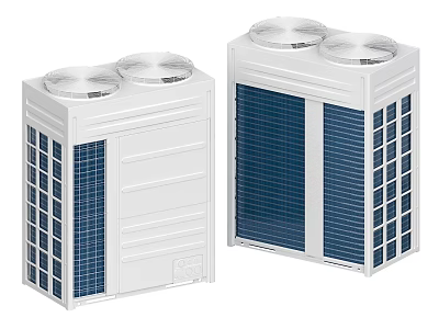 White Outdoor Air Conditioner Air Outlets With Double Fans And Blue Heat Sinks 3d model