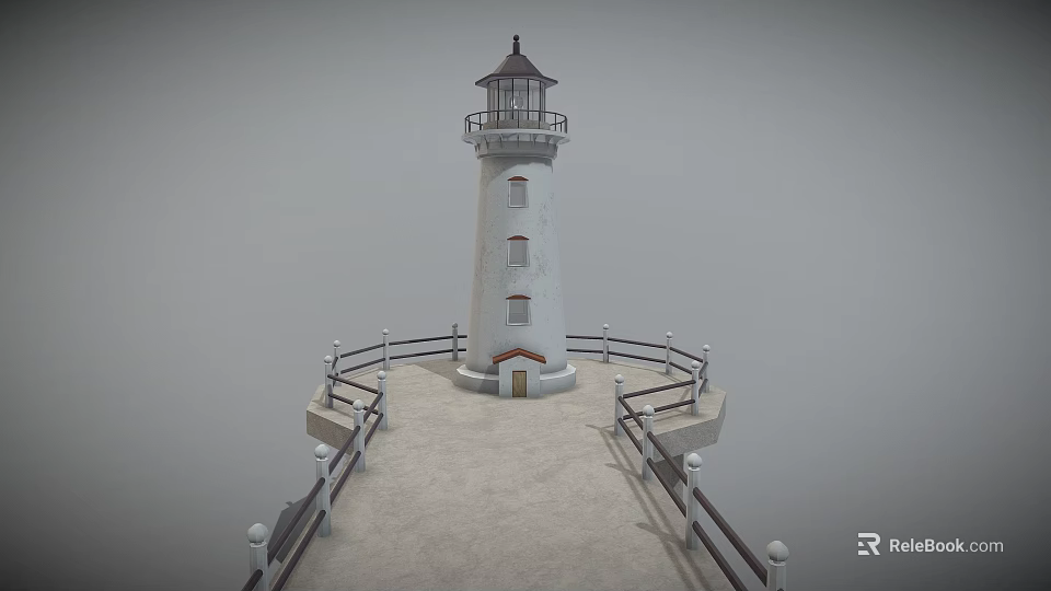 White Lighthouse Tower With Lantern Room And Surrounding Fencing Walkway 3d model 