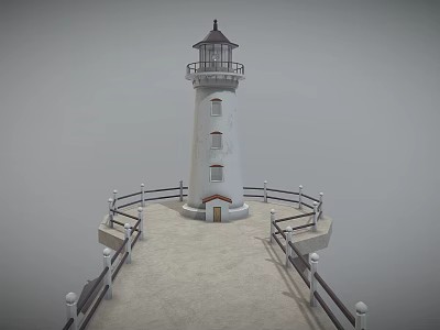 White Lighthouse Tower With Lantern Room And Surrounding Fencing Walkway 3d model