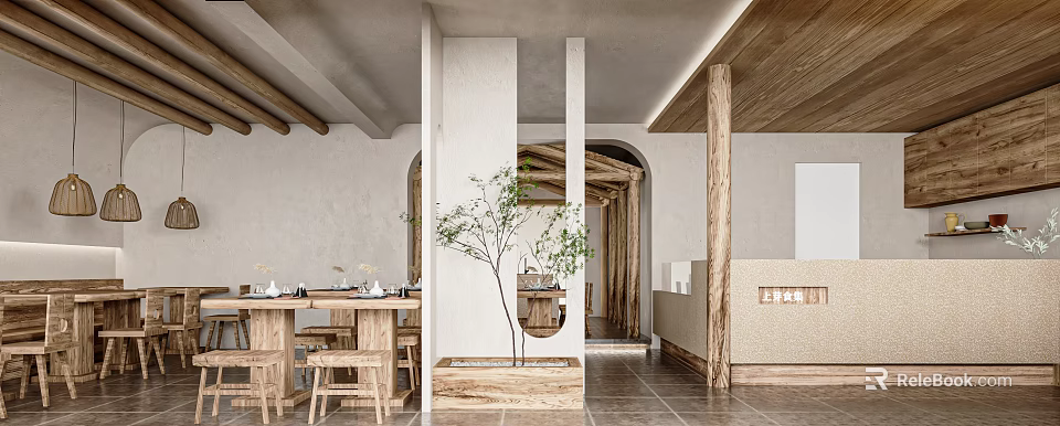 Minimalist Rustic Restaurant Interior Design With Wooden Beams Dining Tables and Indoor Tree 3d model 