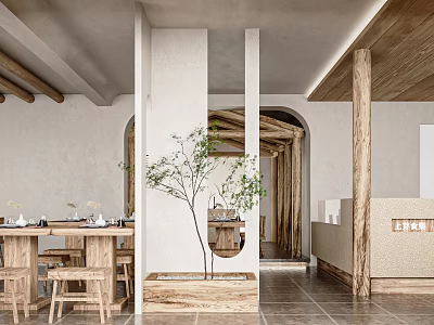 Minimalist Rustic Restaurant Interior Design With Wooden Beams Dining Tables and Indoor Tree 3d model