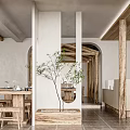 Minimalist Rustic Restaurant Interior Design With Wooden Beams Dining Tables and Indoor Tree