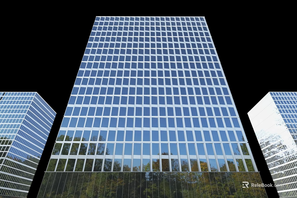 Modern High Rise Office Building With Glass Facade And Reflective Tree Reflections 3d model 