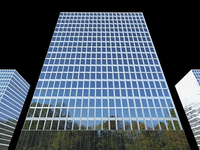 Modern High Rise Office Building With Glass Facade And Reflective Tree Reflections 3d model